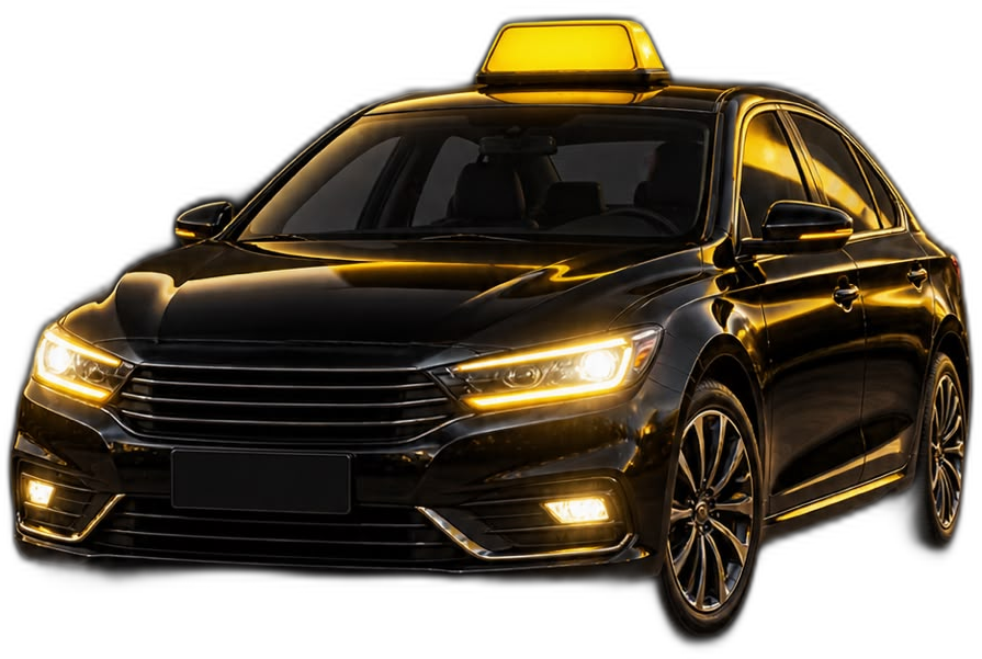 Ilustración de un taxi colectivo negro con letrero amarillo